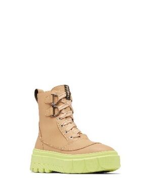 Sorel Beige Combat Boot with Chartreuse Platform